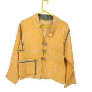 Vintage Womens Button Front Jacquard‎ Reversible Jacket Yellow Large